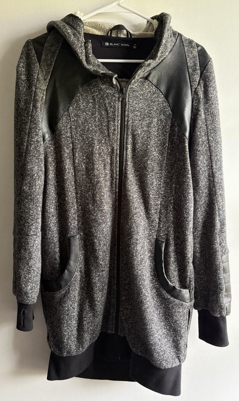 Blanc Noir Mixed Media Hooded Jacket Womens M Gray Knit Faux Leather Moto Trim
